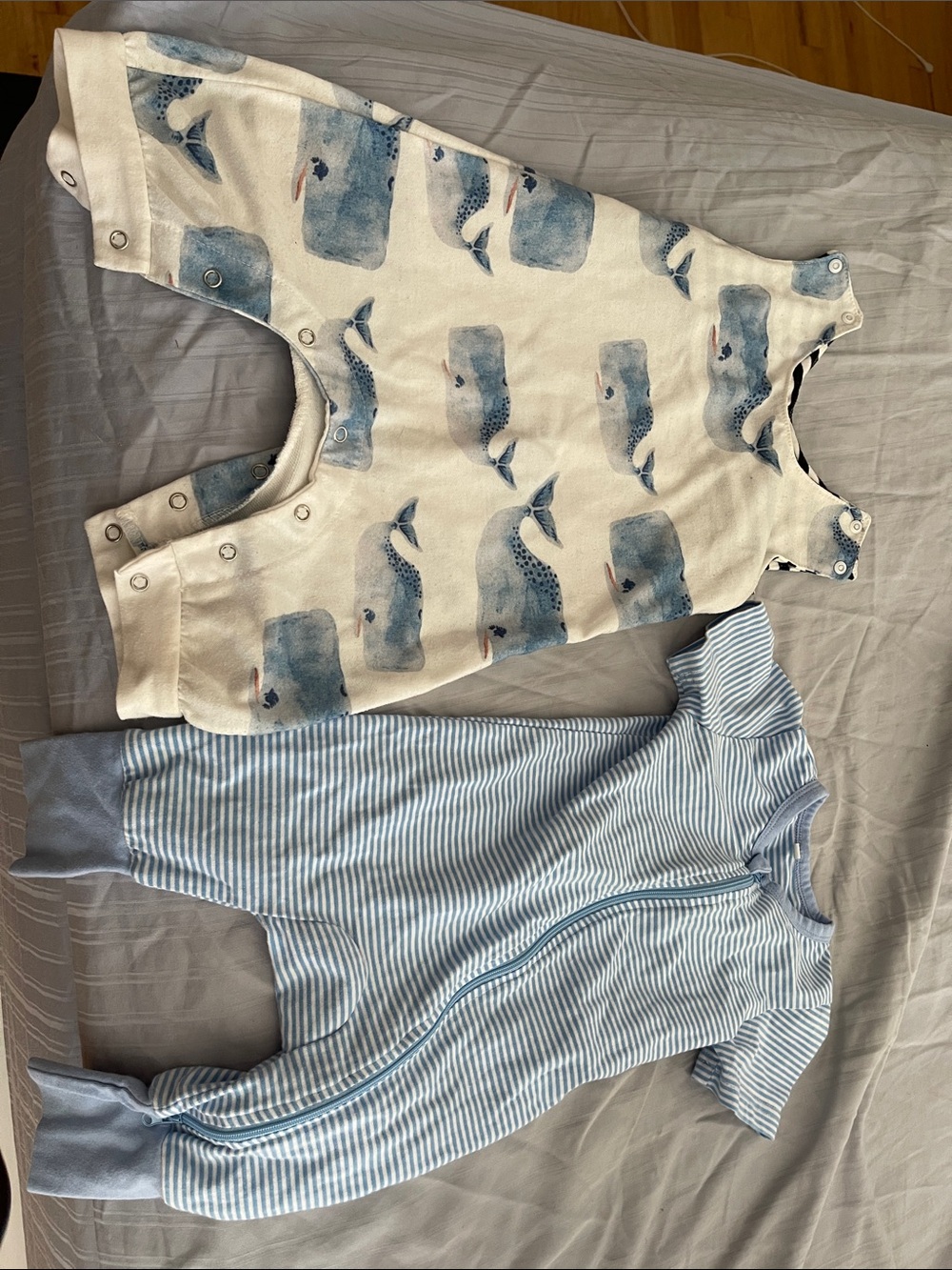 Whale Print Cream Baby Romper + Blue Striped Footie Set